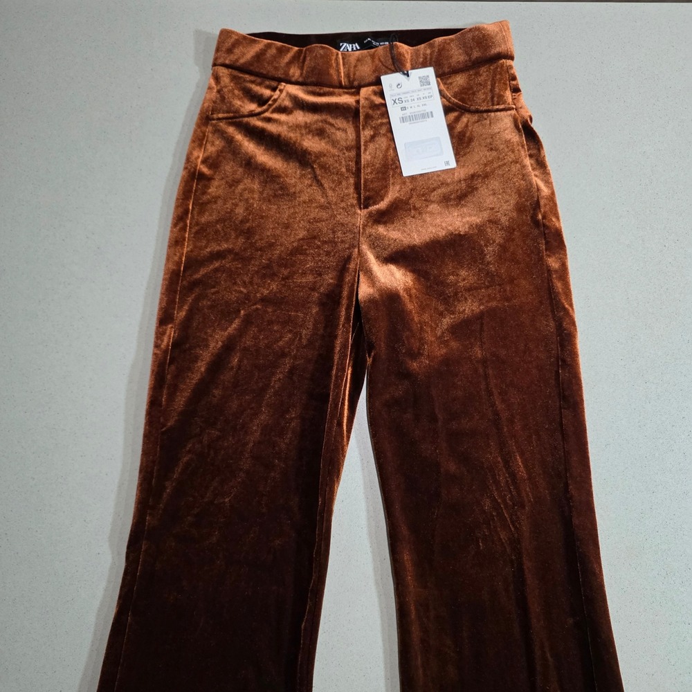 Zara Velvet Flared Pants Rust Brown High Waisted Wide Leg Trousers XS NEW